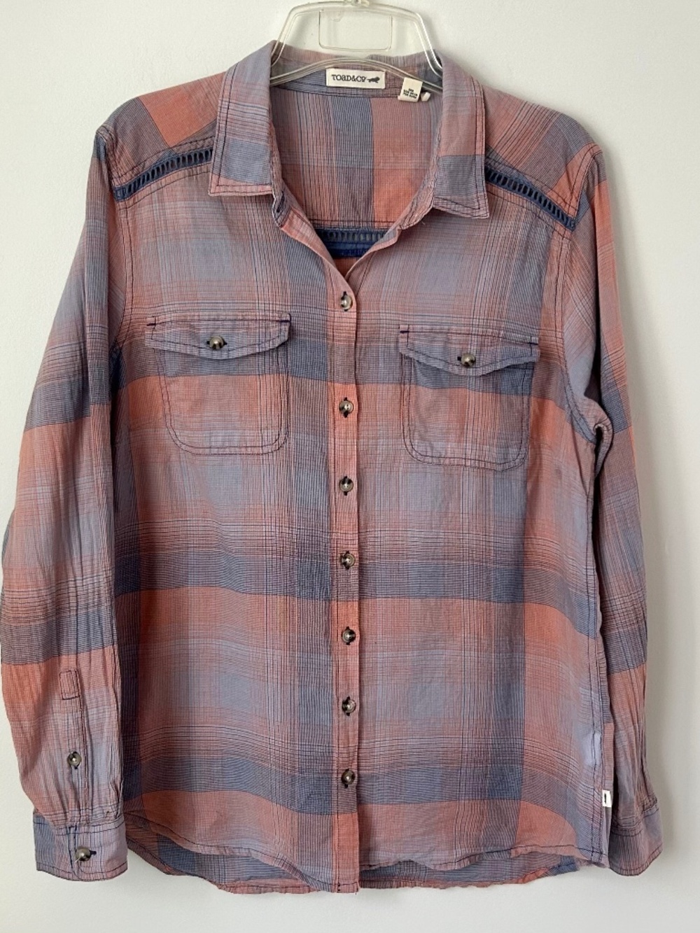 Toad & Co Shirt Womens Large Airbrush Deco Button Blue Pink Plaid Organic Cotton